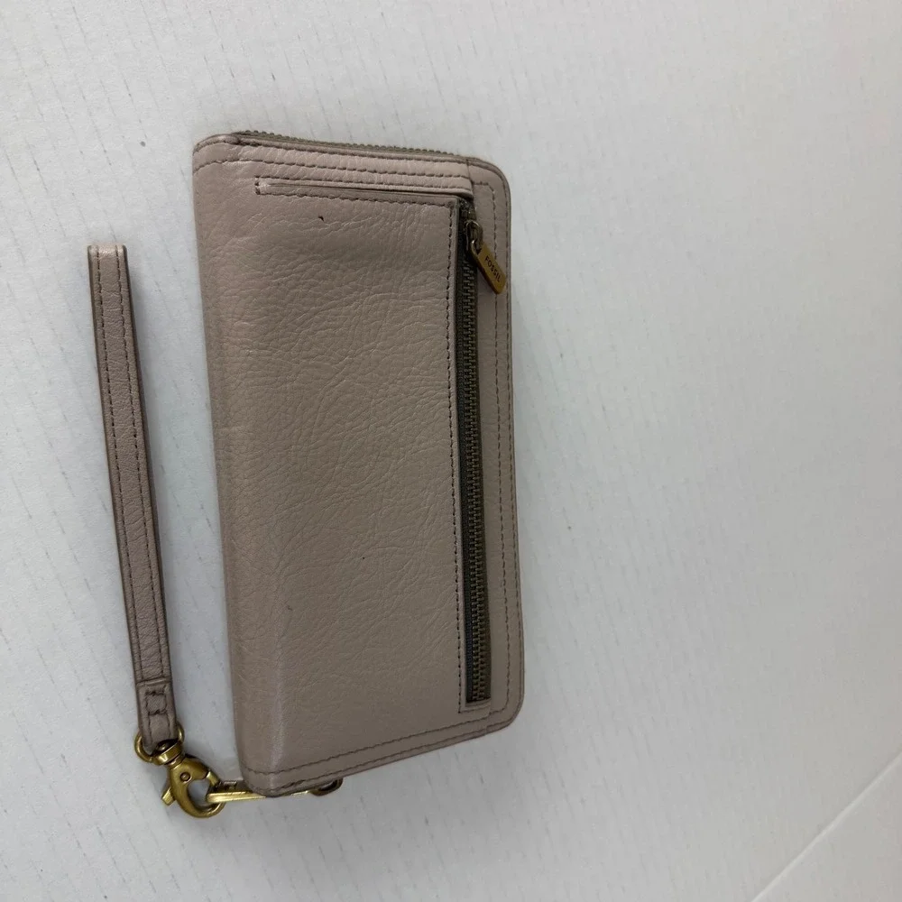 Fossil Leather Zip Around Wallet Y2K 90's Travel Casual Functional Neutral‎ Tan